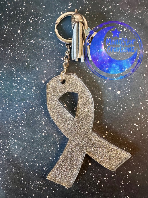 Silver Awareness Ribbon Acrylic Keychain – Support & Strength