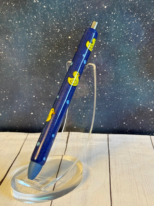 Blue Glitter Epoxy Pen with Ducks & Bubbles
