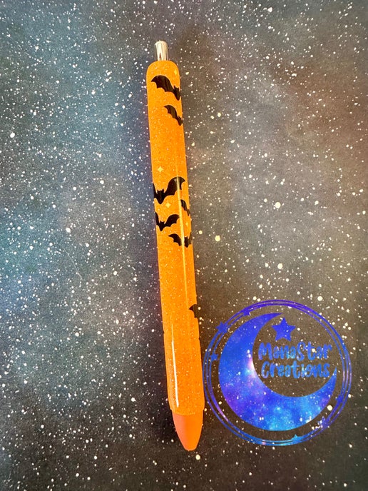 Glittering Bat Epoxy Pen – Spooky Orange Sparkle (Orange Ink)