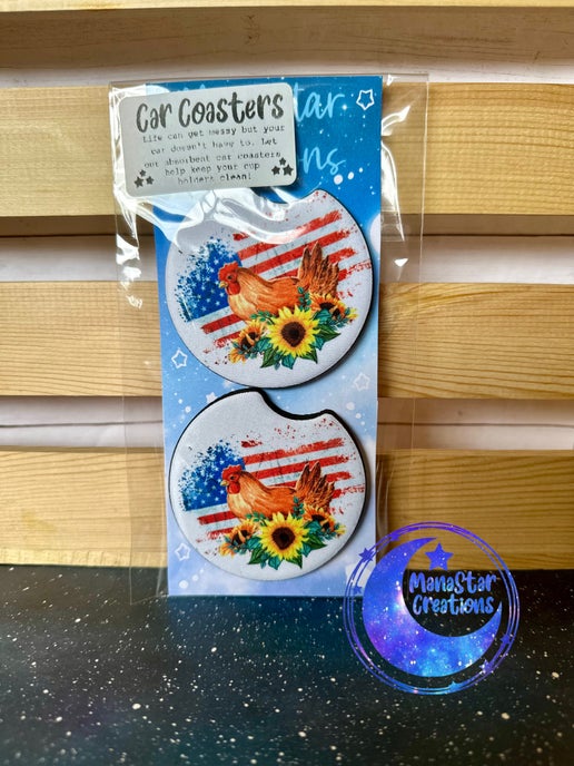 American Flag Chicken Car Coaster- Patriotic Vehicle Accessory