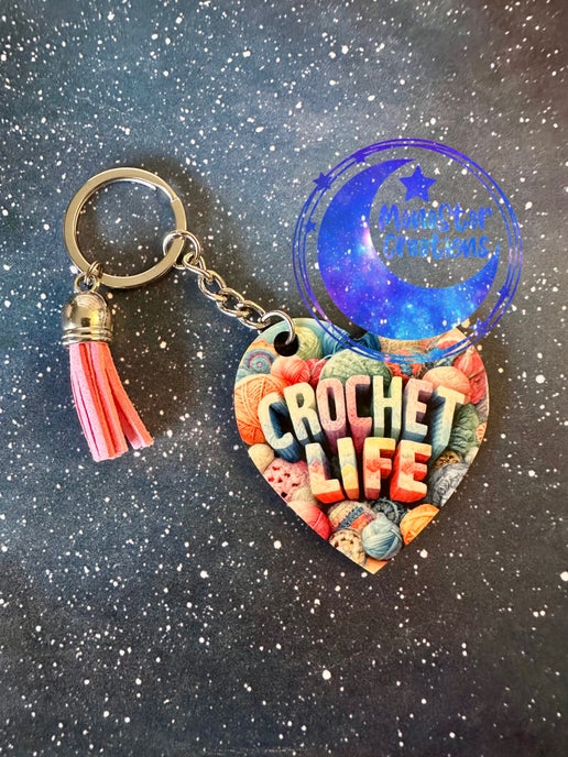Crochet Life Heart Keychain – Cute & Crafty Sublimated Design