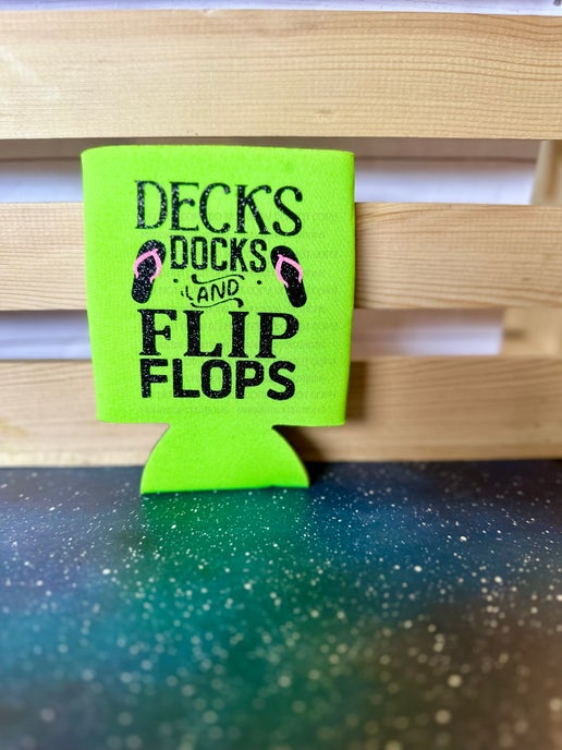 Decks, Docks & Flip Flops Can Holder – Fun Summer Drink Sleeve