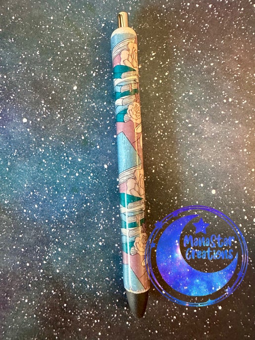 Floral & Books Epoxy Pen – A Cozy Literary Touch (Black Ink)