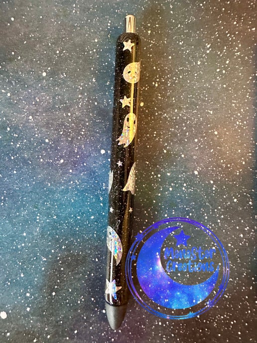 Holographic Boo Epoxy Pen – Cute Ghosts & Sparkling Stars (Black Ink)