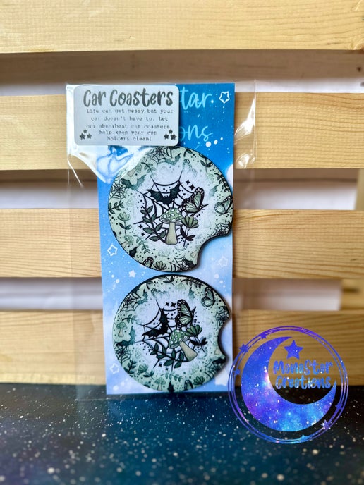 Mushrooms and Bats Car Coaster – Spooky & Whimsical Vehicle Accessory