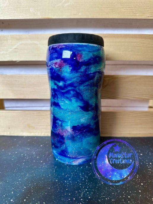 12oz Skinny Ocean Breeze: Blue & Teal Alcohol Ink Epoxy Can Cooler