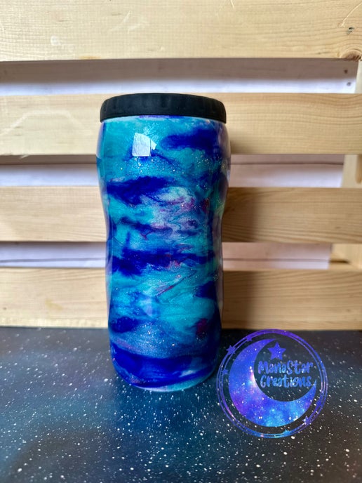 12oz Skinny Ocean Breeze: Blue & Teal Alcohol Ink Epoxy Can Cooler