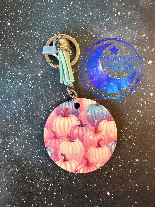 Pink and Teal Pumpkins Sublimation Keychain – Fall-Inspired Decorative Accessory