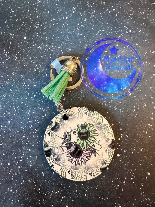 Ghosts, Cauldron, and Poison" Sublimation Keychain – Spooky Halloween-Inspired Accessory