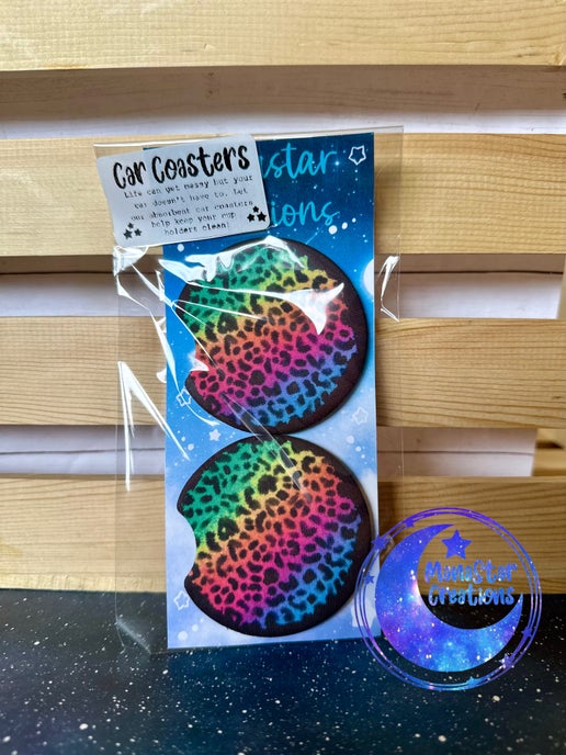 Rainbow Cheetah Print Car Coaster – Bold & Colorful Vehicle Accessory
