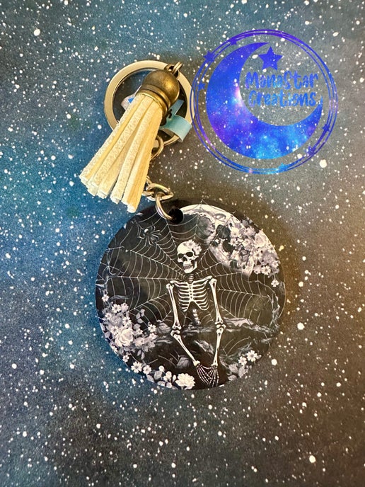 Skeleton and Moon Sublimation Keychain – Spooky & Mystical Design Accessory