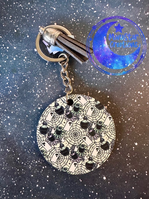 Ghosts, Cauldron, and Poison Sublimation Keychain – Spooky Halloween-Inspired Accessory