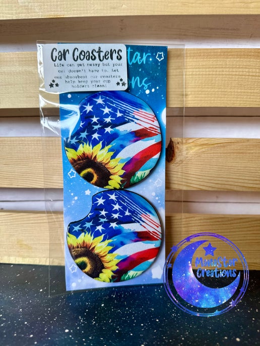 American Flag & Sunflower Car Coaster – Patriotic & Floral Vehicle Accessory