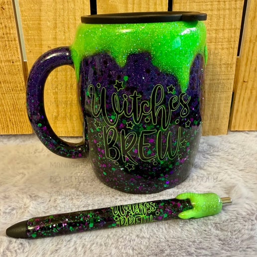 14oz Mug & Pen set (Green drip glows!)